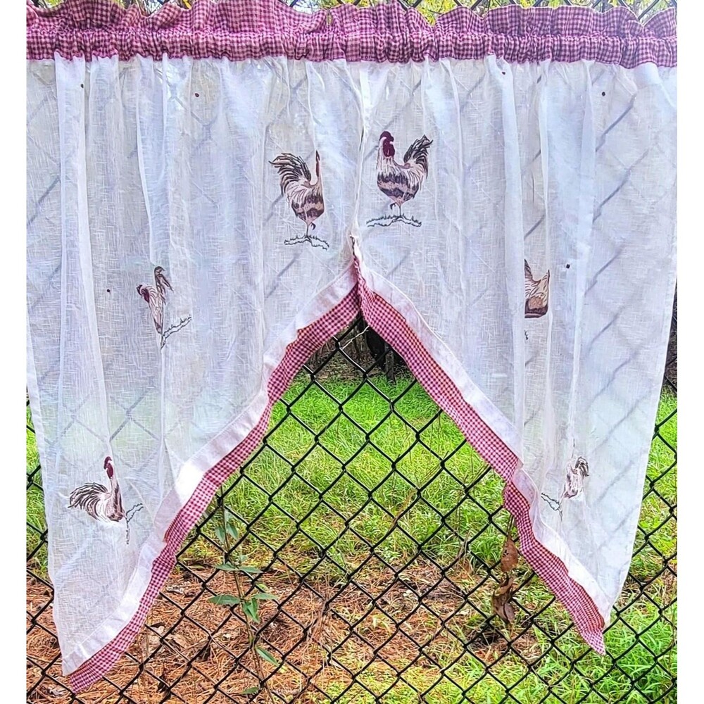 Cascading Curtain Valance Rustic White Linen Red Gingham Trim Farmhouse Kitchen